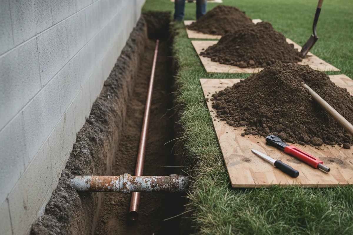 Excavated water line trench during Water Softener Installation in Richford